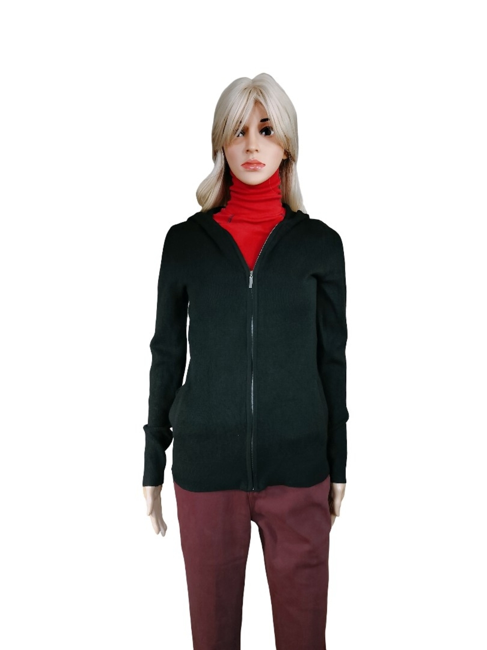 Women's Black Zip-Front Hooded Knit Jacket Size S NWT